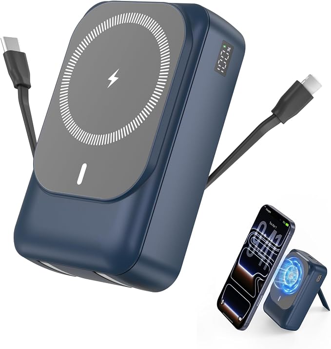 Magnetic Wireless Power Bank 26800mAh, PD 22.5W Type-C Fast Charging Portable Charger 5 Outputs, Battery Pack for Magsafe Built in 2 Cables with Stand LED Display for iPhone 17/16/15/14/13/12-Blue