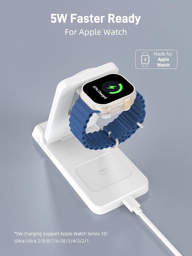 3 in 1 Charging Station for Apple, Magnetic Charger for iPhone, Foldable Wireless Charger with Clock, Travel Watch Charger Stand for iPhone 17/Air/16/15 Series, iWatch 10/AirPods 4 (White)