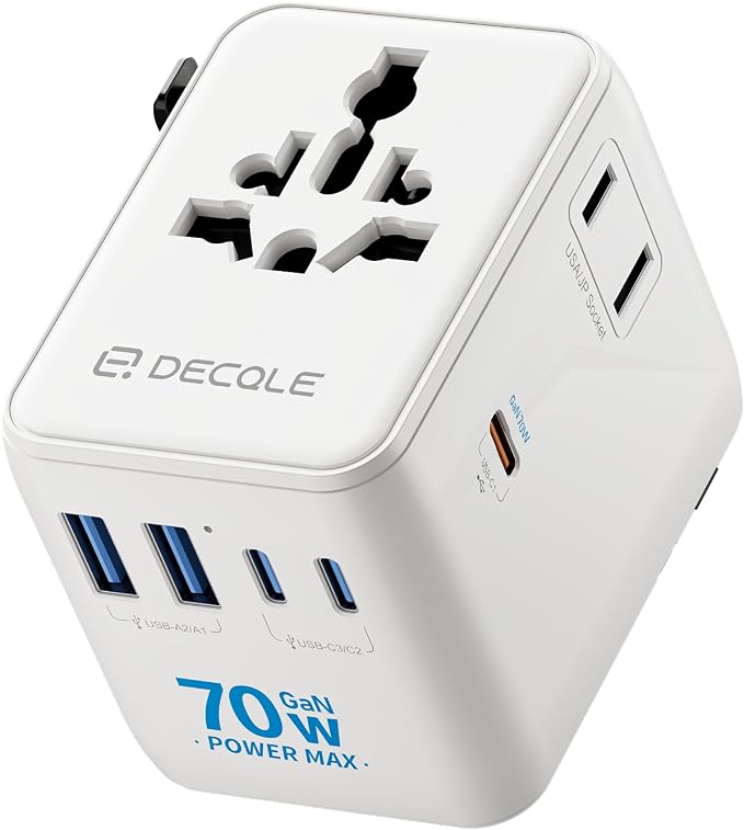 “Pro” Universal Travel Adapter 3 USB-C＆ 2 USB-A Cover 200+ Countries | GaN 70W, International Plug Adapter, All in One Portable Adapter, NOT A Voltage Converter, for USA, UK, EU, AU (White)