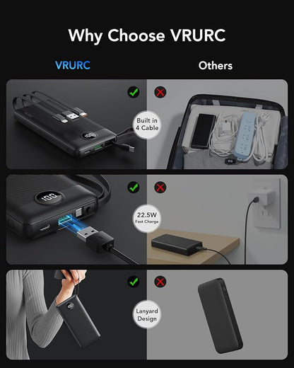 VRURC Portable Charger, 20W PD Fast Charging Power Bank Built in 4 Cables | 10000mAh Compact Portable Phone Charger, 5 Outpputs USB C Battery Pack for iPhone, Samsung & Multi Devices-Black(1 Pack)
