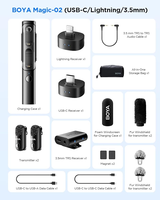 BOYA Magic-02 Wireless Lavalier Microphone, 30Hrs Battery,328FT Los Range,Safety Track&Limiter,4-in1 Mini Lapel Wireless Mic for Android iPhone Camera Laptop PC, Ai Noise Reduction for TikTok YouTube