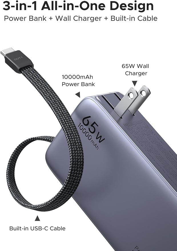 UGREEN 3-in-1 10000mAh 45W Power Bank with Integrated USB-C Cable, Foldable 65W Type-C Charger, Portable USBC Battery Pack and A Fast Charger, Compatible with iPhone 17/16, Galaxy S26/S25