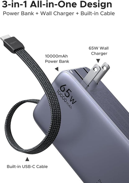 UGREEN 3-in-1 10000mAh 45W Power Bank with Integrated USB-C Cable, Foldable 65W Type-C Charger, Portable USBC Battery Pack and A Fast Charger, Compatible with iPhone 17/16, Galaxy S26/S25