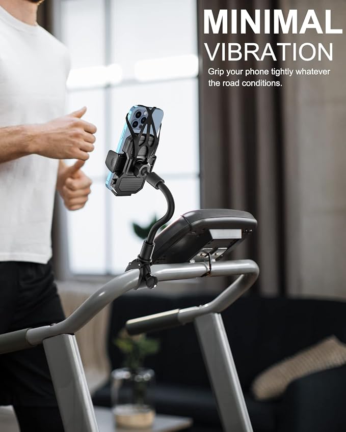woleyi Gooseneck Spin Bike Phone Mount, Handlebar Clip Cell Phone Holder for Exercise Bicycle, Stationary Cycling, Stroller, Gym Treadmill for iPhone 17 Pro Max Air 16 15 14 13 12 and 4-7" Smartphones