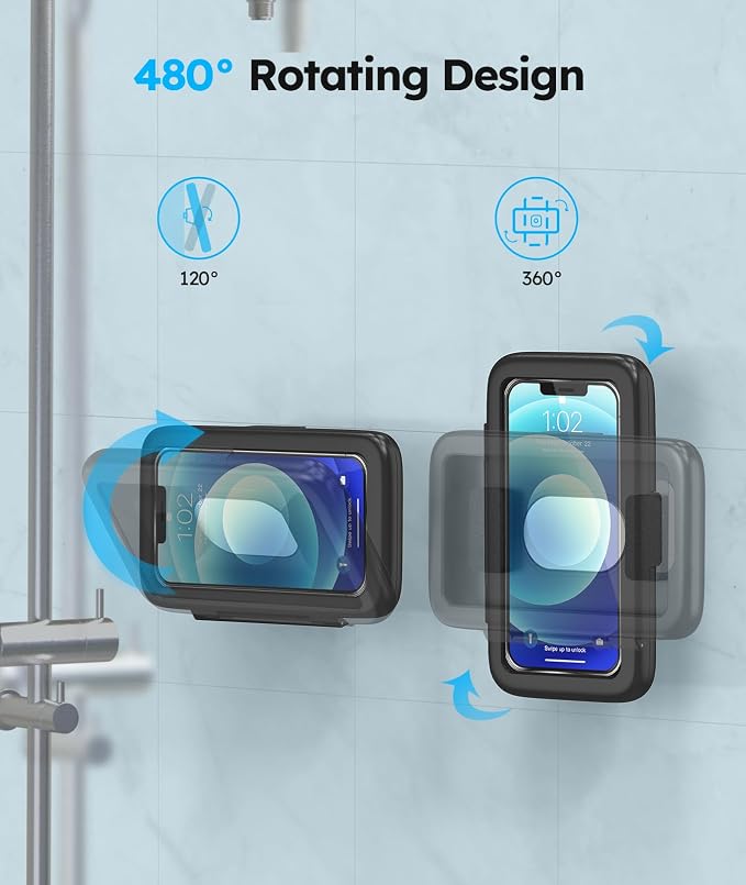 Waterproof, Upgraded IPx7 Wall Mount, 480° Rotation, HD Touchscreen, Ideal for 4-7” Smartphones - Perfect Shower Accessories-Black
