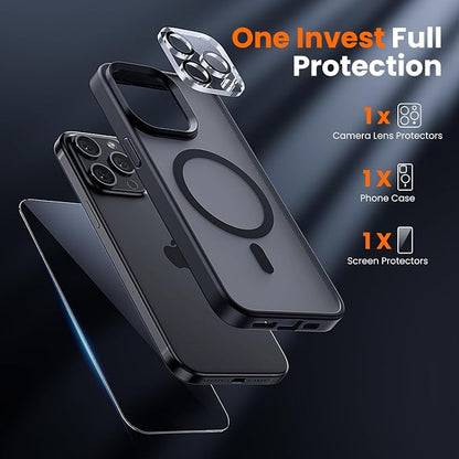 3 in 1 for iPhone 15 Pro Case with MagSafe, Screen Protector*1 Camera Lens Protector*1,Skin Feeling Back Cover Military-Grade Protection for iPhone 15 Pro Phone Case 6.1 inch Matte Black