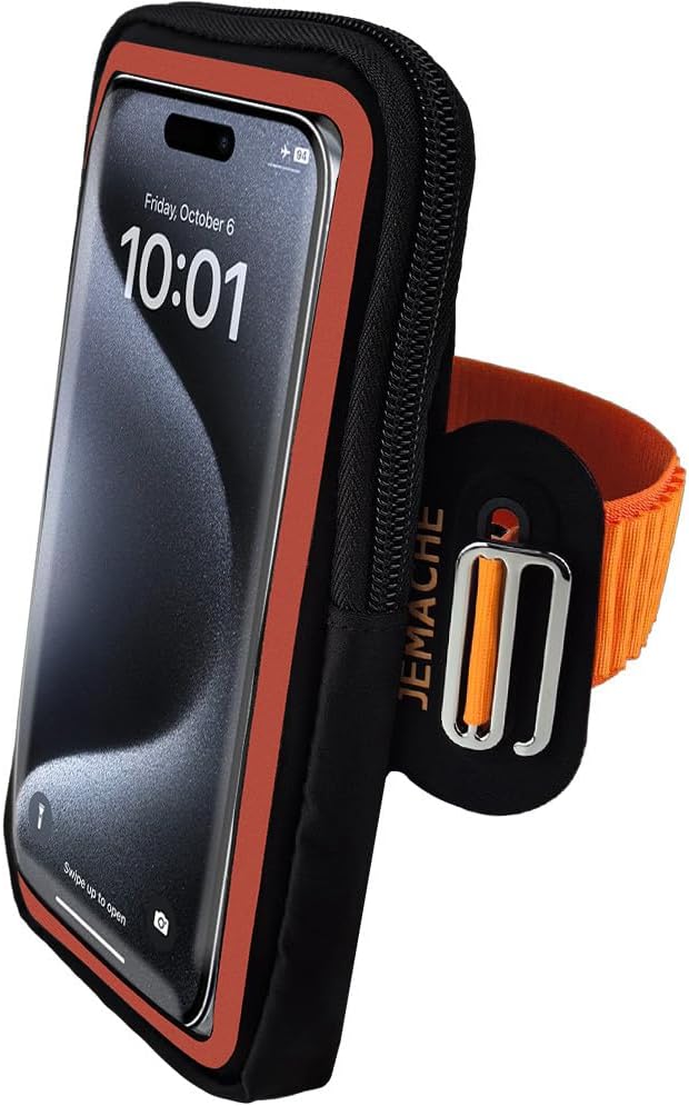 JEMACHE Running Armband for iPhone 17 16 15 14 13 Pro Max/Plus, Samsung Galaxy S26 S25 S24 Ultra/Plus, G Buckle Workouts Phone Arm Band Bag (Orange, S)