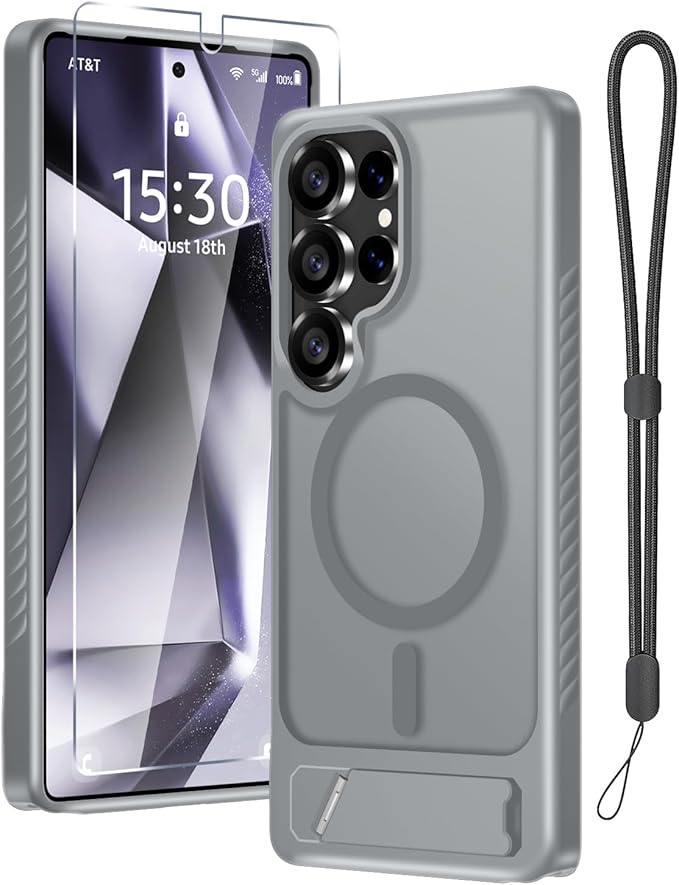 for Samsung Galaxy S25 Ultra Case with Screen Protector+Lanyard Wrist Strap,Magnetic Translucent Matte Rugged Slim Phone Cover Built in Invisible Kickstand [Fit for MagSafe],2025 Grey