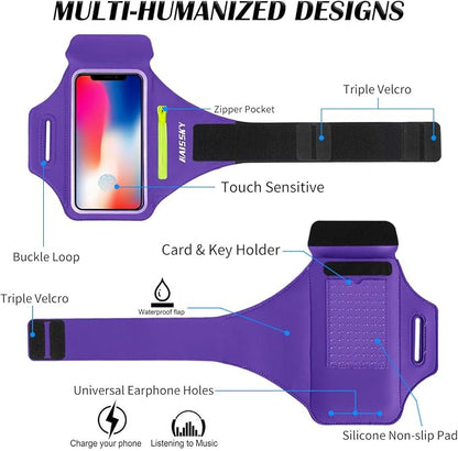 Cell Phone Running Armband with Airpods Zipper Pocket Armband Case Running Holder for iPhone 16/15/ 14/13 / 12 /11Pro Max,Galaxy S20 S10,Sweatproof Arm Band with Card/Key Bag