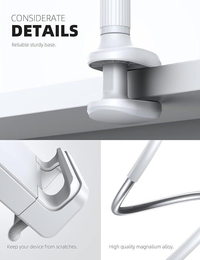Lamicall Gooseneck Tablet Mount Holder for Bed Flexible Tablet Arm Clamp for Bed, as Gifts Compatible with Pad Pro 10.5, Air 9.7, Mini 7.9, Galaxy Tabs, Switch, More 4.7-11" Device - White