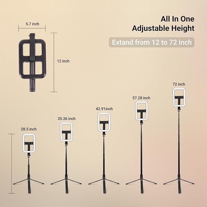 NEEWER Basics 10W Selfie Light with Tripod Stand, 1200mAh LED Square Ring Lighting, 72" Selfie Stick Phone Holder Compatible with iPhone, CRI90 3 Modes Remote for Travel Vlog Video Recording, NL100B