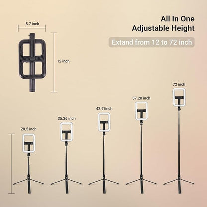 NEEWER Basics 10W Selfie Light with Tripod Stand, 1200mAh LED Square Ring Lighting, 72" Selfie Stick Phone Holder Compatible with iPhone, CRI90 3 Modes Remote for Travel Vlog Video Recording, NL100B