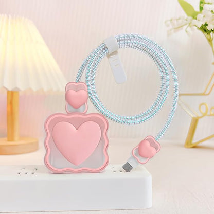 CameCosy Phone Charger Storage Case Cover Sets with Cable Protector for iPhone Charger, Wave Travel Storage Bag, Earphone Wire Saver Cable Organizer Soft Cute Cable Protector (Pink Love Heart)