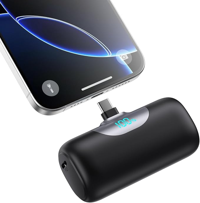 Mini Portable Charger for iPhone 17/16, 5500mAh LCD Display USB C Power Bank,Fast Phone Charging Travel Pocket Size Battery Pack for iPhone 17/17 Pro/17 Pro Max/Air/16/15 Series,Android,etc-Dark Black