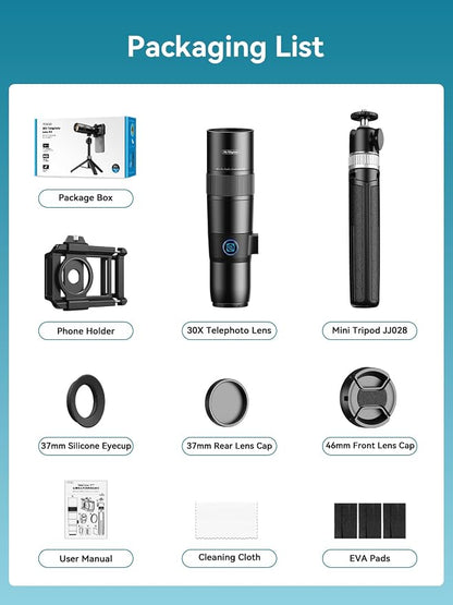 MIAO LAB 30X Telephoto Lens, High Power HD Telephoto Phone Lens with Adjustable Tripod and Universal Phone Clip, Phone Lens Attachment for iPhone 17/16/15/14/13 Series, Android and Most Smartphone