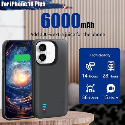 Sitong Battery Case for iPhone 16 Plus, 6000mAh Rechargeable Extended Battery Charging/Charger Case, Add 100% Extra Juice (6.7 Inches) Black