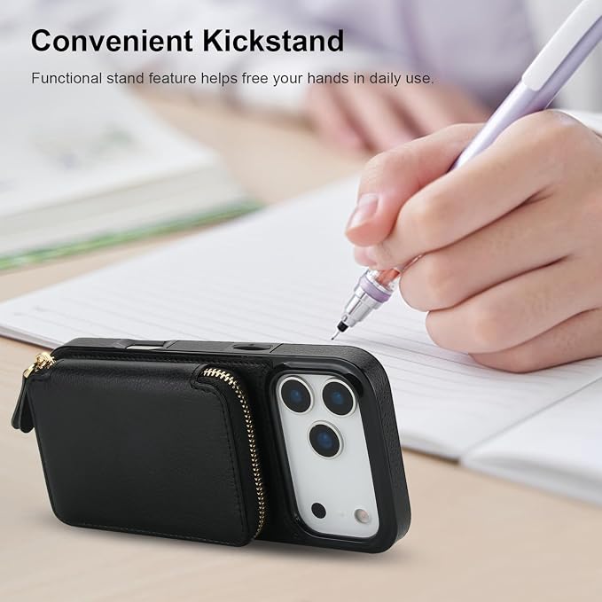 Bocasal Crossbody Wallet Case for iPhone 17 Pro Max, RFID Blocking Leather Purse Case with Card Holder, Protective Handbag Flip Cover with Zipper Wrist Strap Lanyard for Women 5G 6.9 Inch (Black)