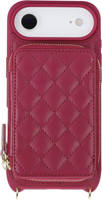 Crossbody Wallet Case for iPhone Air, PU Leather Zipper Handbag Purse Flip Cover, Kickstand Folio Case with Card Slots Holder Wrist Strap Lanyard 5G 6.5 Inch-Dark red