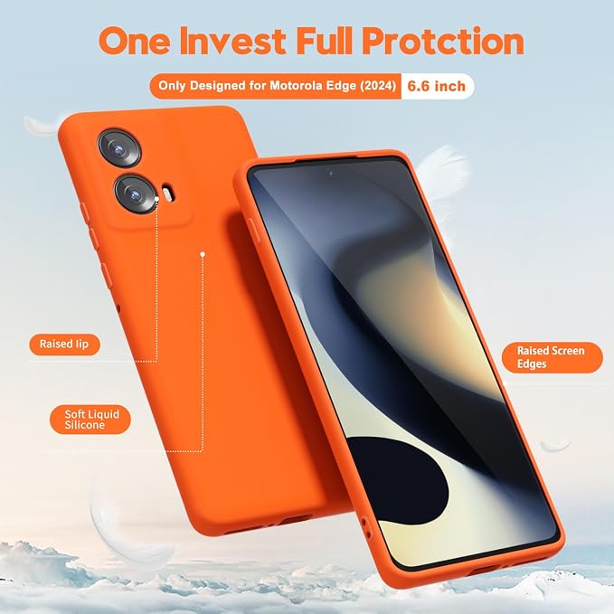 oakxco for Motorola Moto Edge 2024 Phone Case Liquid Silicone, Thin Slim Soft Rubber Gel TPU Plain Protective Simple Cover for Women Girl Cute, Matte Solid Color Aesthetic, Orange