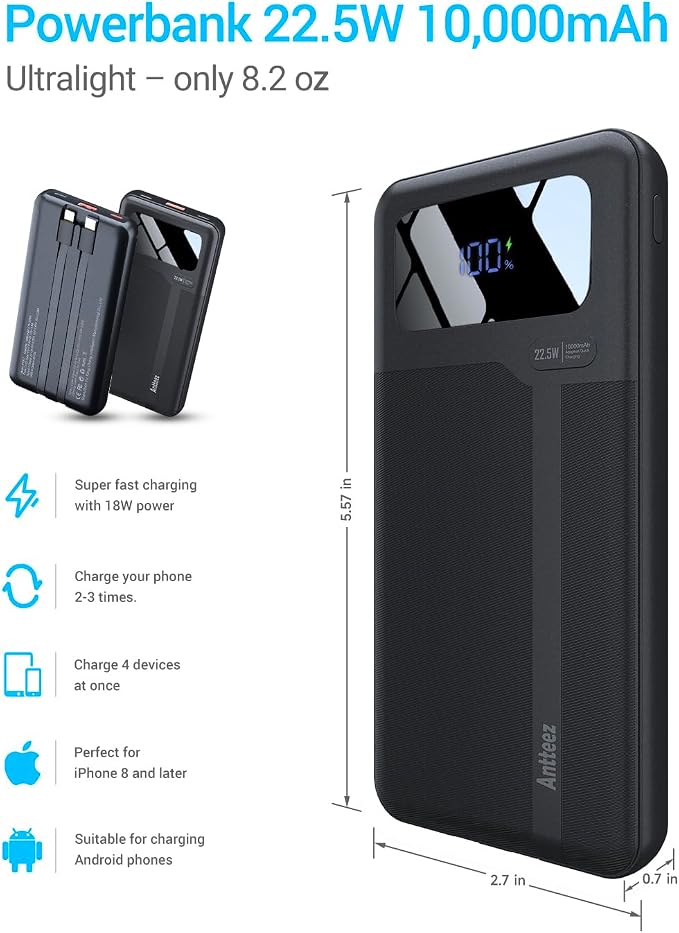Antteez Portable Charger 10,000mAh, Power Bank Fast Charging with Built-in Cables, 22.5W USB C Travel Battery Pack, LED Display & 4 Outputs, Compatible with iPhone, Samsung, iPad