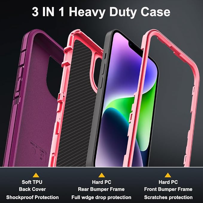for iPhone 14 Plus Case with 2Pcs Tempered Glass Screen Protector and 1Pcs Camera Lens Protector, Military Grade 3 in 1 Heavy Duty Shockproof/Drop Proof/Dust Proof Case (Wine Red/Rose Pink)