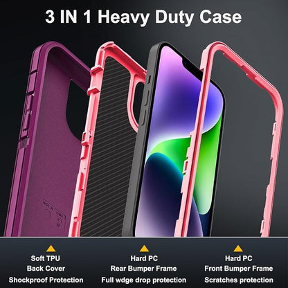for iPhone 14 Plus Case with 2Pcs Tempered Glass Screen Protector and 1Pcs Camera Lens Protector, Military Grade 3 in 1 Heavy Duty Shockproof/Drop Proof/Dust Proof Case (Wine Red/Rose Pink)