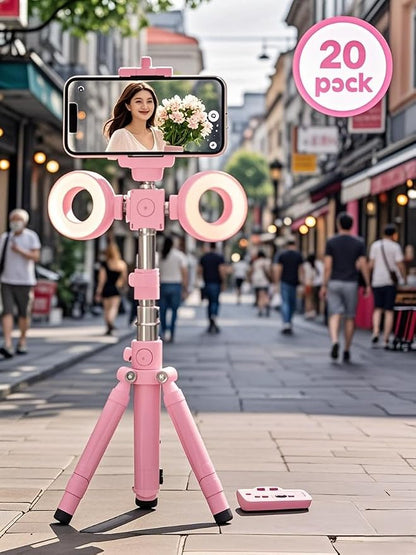 Selfie Stick Tripod with Light and Bluetooth Remote, 67" Extendable Mini Tripod Stand for iPhone Samsung Android, 6 in 1 Wireless Selfie Stick for TikTok YouTube Live Streaming(Pink)