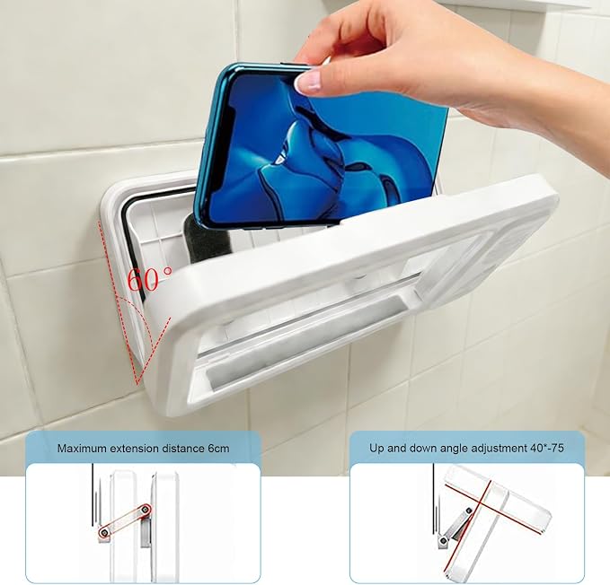 Wall Mount Shower Phone Holder Waterproof,Bathroom Accessories,Waterproof Phone Case,Shower Phones Holder With Speaker,360° Rotation,Suction Cup Bathroom Case Mount Shelf (White)