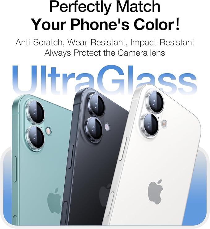 UltraGlass UNBREAK TOP 9H+ Glass for iPhone 16 Camera Lens Protector [Military Grade Shatterproof & Longest Durable] Camera Protector 16/16 Plus Tempered Glass Easy Installation, Black Titanium