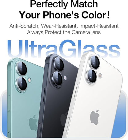 UltraGlass UNBREAK TOP 9H+ Glass for iPhone 16 Camera Lens Protector [Military Grade Shatterproof & Longest Durable] Camera Protector 16/16 Plus Tempered Glass Easy Installation, Black Titanium