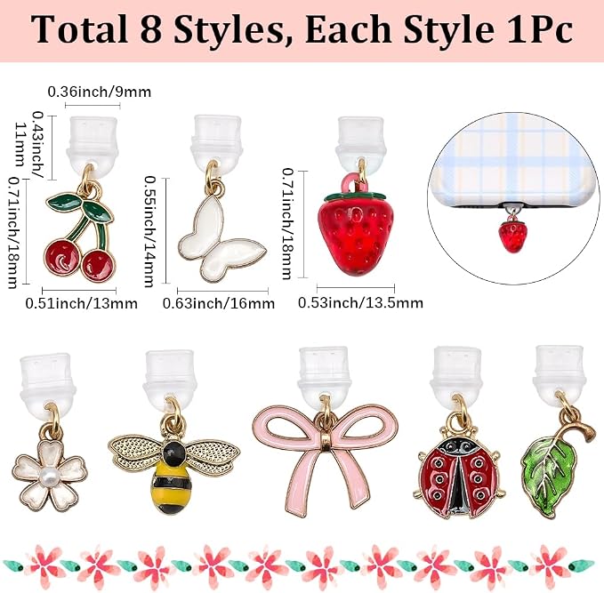 8Pcs Charms for Kindle E-Reader Fruit Insect Leaf Bow Butterfly Dust Plug Charm Compatible with Phone Type C Charging Ports Gift for Book Lover Readers Men Women Teachers Students