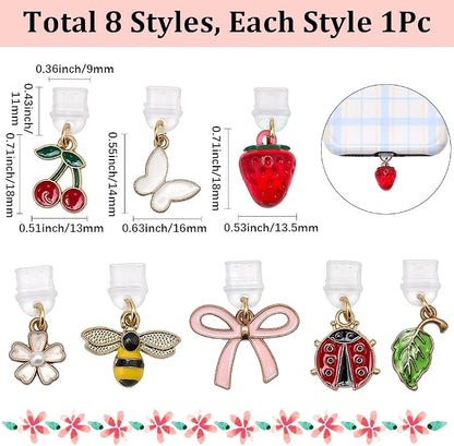 8Pcs Charms for Kindle E-Reader Fruit Insect Leaf Bow Butterfly Dust Plug Charm Compatible with Phone Type C Charging Ports Gift for Book Lover Readers Men Women Teachers Students