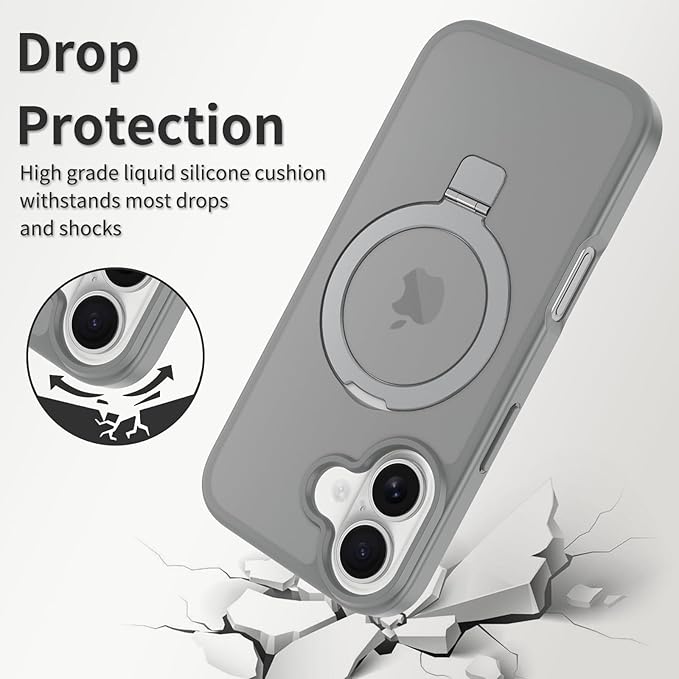 Ultra-Magnetic Stand for iPhone 17 Case [Military Drop Protection] [Compatible with MagSafe] Shockproof Translucent Matte Slim Ring Holder Case for iPhone 17 (Gray)