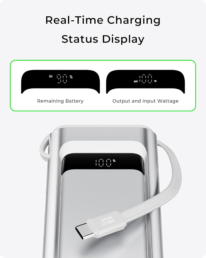 TALIX Portable Charger 100W, 10000mAh Power Bank with Built-in USB-C Cable, 3-Port Fast Charging Battery Pack for iPhone 17/16/15 Series, Samsung Galaxy, iPad, Steam Deck, Travel Essentials