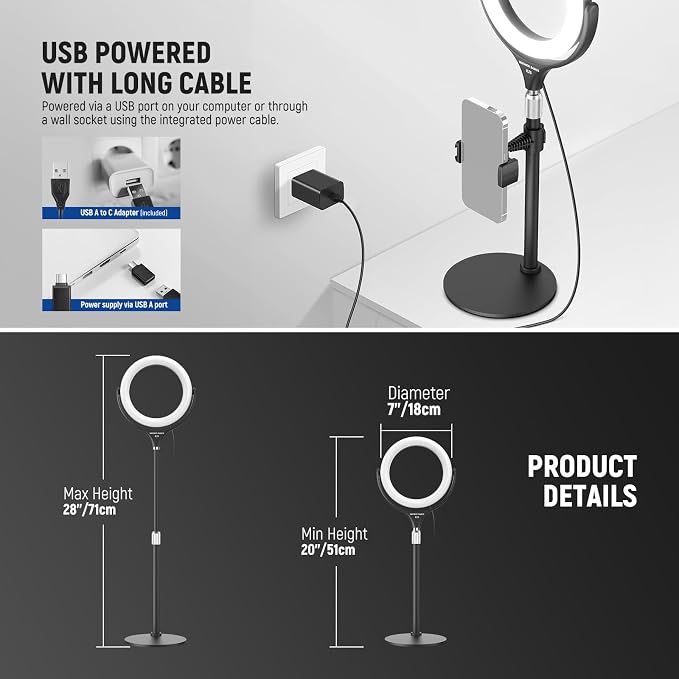 NEEWER Basics 7" Desk Ring Light with Stand/Phone Holder Compatible with iPhone, 10W CRI95+ Bi Color LED Selfie Light for TikTok Recording Laptop Webcam Zoom Video Conference Lighting Makeup, RL7B