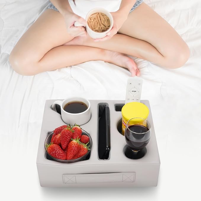 G GOOD GAIN Couch Cup Holder Pillow-Sofa Cup Holder Cozy Buddy | Bed Drink Caddy Holds Tablet, Remote, Snacks | Waterproof Anti-Spill Sofa Beverage Tray for Car, Beach, Picnic, Boat, RV(Light PUGrey)