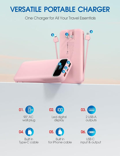 Nusyddy Portable Charger 12000mAh 22.5W w/Built-in Cables & Wall Plug Pink | 22.5W Fast Charging, LED Display, Pass Through Charging, TSA Approved, Portable & Slim, Power Bank for iPhone, iPad, Samsung