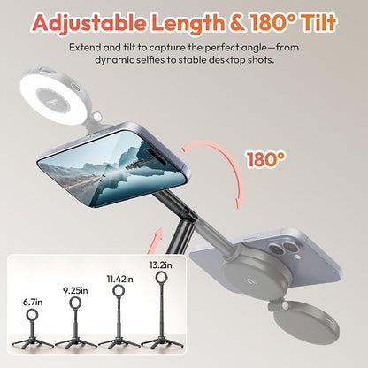 ULANZI MT71 Mini Magnetic Selfie Stick Tripod, Foldable & Lightweight, 180° Tilt, Compatible with iPhone 17-12 Series, with Adhesive Magnetic Ring for Desktop Shooting/Vlog/Selfie