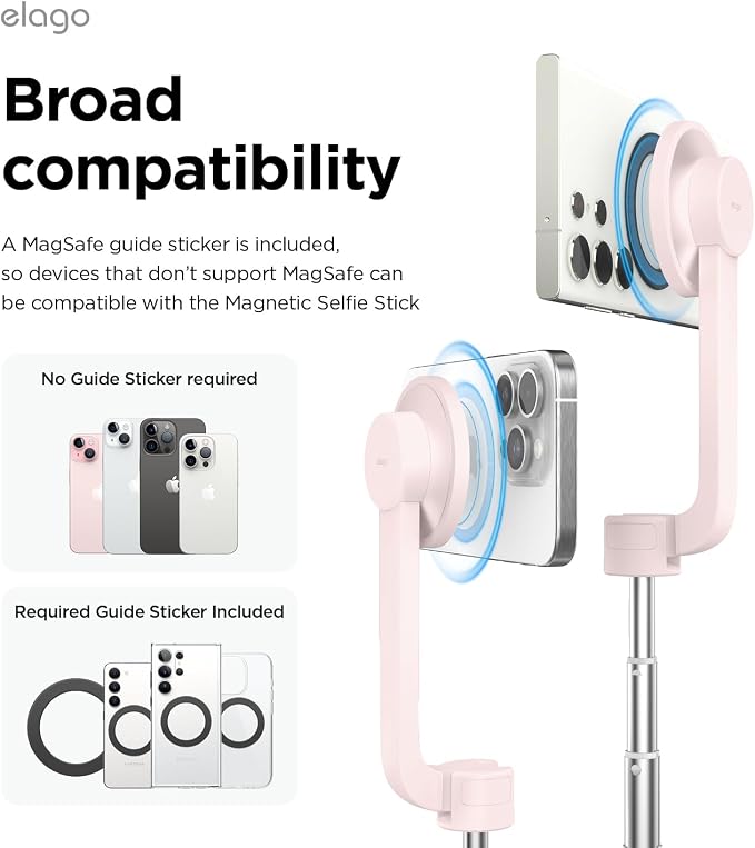 elago Magnetic Selfie Stick Tripod Compatible with MagSafe for iPhone and Galaxy, Strong Magnetism, Portable, Lightweight, Extendable [Pouch, Bluetooth Remote, Guide Sticker Included] [Lovely Pink]