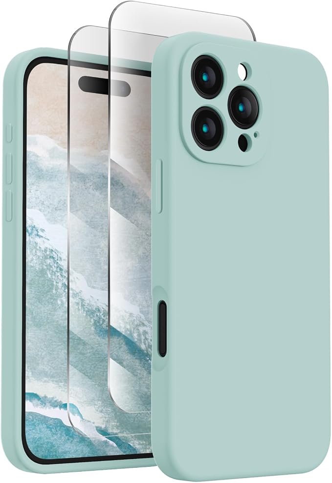 FireNova Designed for iPhone 16 Pro Max Case, Silicone Upgraded [Camera Protection] Phone Case with [2 Screen Protectors], Soft Anti-Scratch Microfiber Lining Inside, 2024, Mint Green