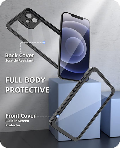 WIFORT for iPhone 12 Waterproof Case - [Certified Water Proof & Military Protection] with [Built-in Screen Protector], Full Body Shockproof Phone Case Cover for iPhone 12 6.1" - Black