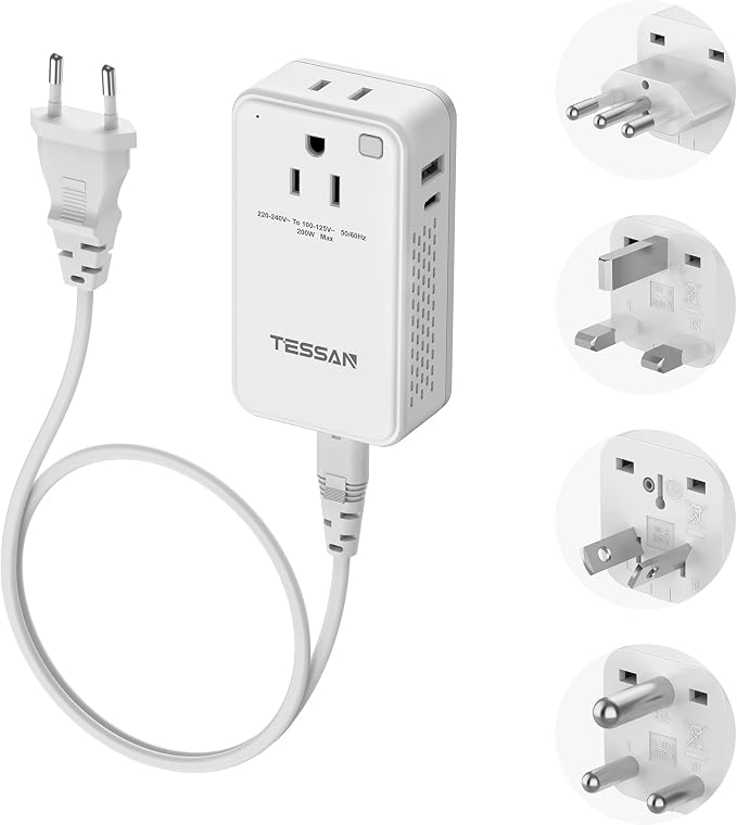TESSAN Compact 220V to 110V Voltage Converter US to Europe | Universal Travel Adapter, 2 AC Outlets and 2 USB (1 USB-C), 200W Small Power Converter, EU/UK/AU/IT/India Plugs, For Travel