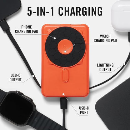 Ridge Magnetic Power Bank Fast Charging - Compatible with MagSafe - Portable Charger Power Bank - with Built in Cable and Wireless Charging, 5-in-1 Charging & Magnetic Attachment (Basecamp Orange)