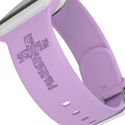 Faith with Cross Watch Band Compatible with Apple Watch Laser Engraved Band Silicone 38mm 40mm 41mm 42mm 44mm 45mm 46mm 49mm Strap Jesus Psalm Christian God Blessed (Lavender, 42/44/45/46/49mm M/L)