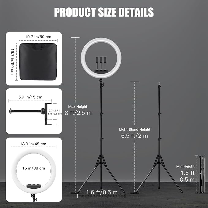 Ring Light with Stand and Phone Holder, 19" Ring Light Tripod for iPhone, Professional LED Circle Light with 78" Tripod, Selfie Ringlight for Live Streaming, Makeup, Barber, TikTok, YouTube, White