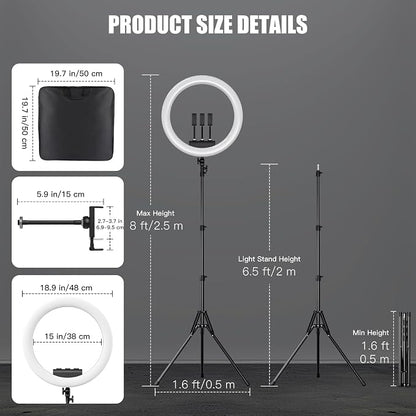 Ring Light with Stand and Phone Holder, 19" Ring Light Tripod for iPhone, Professional LED Circle Light with 78" Tripod, Selfie Ringlight for Live Streaming, Makeup, Barber, TikTok, YouTube, White