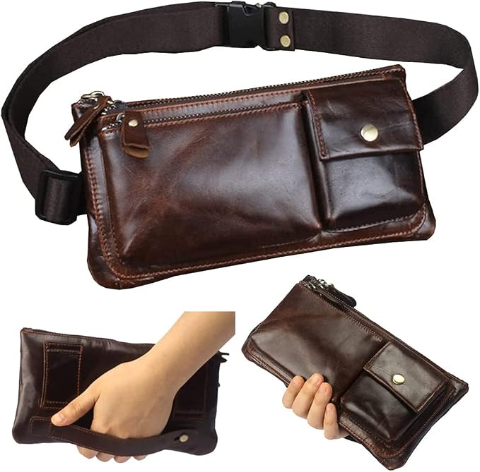 KPYWZER Vintage Leather Waist Bag Fanny Pack for Men Women Hip Bum Bag Belt Slim Cell Phone Purse Wallet Retro Crossbody Sling Pouch Brown