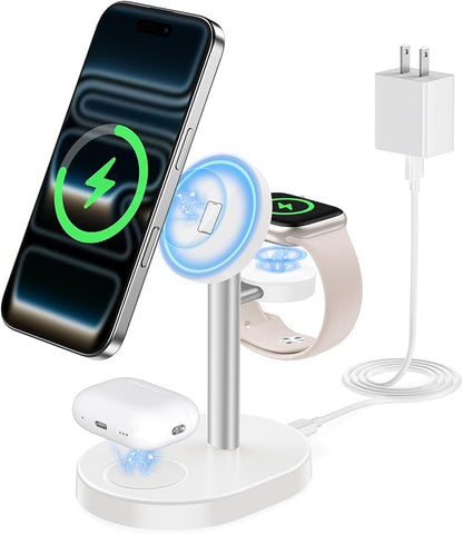 2026 3 in 1 Wireless Charging Station for Apple MagSafe Charger, 15W Fast Magnetic Mag-Safe Charger Stand for iPhone 17 16 15 14 13 12 Apple Watch AirPods Series, Gray&White