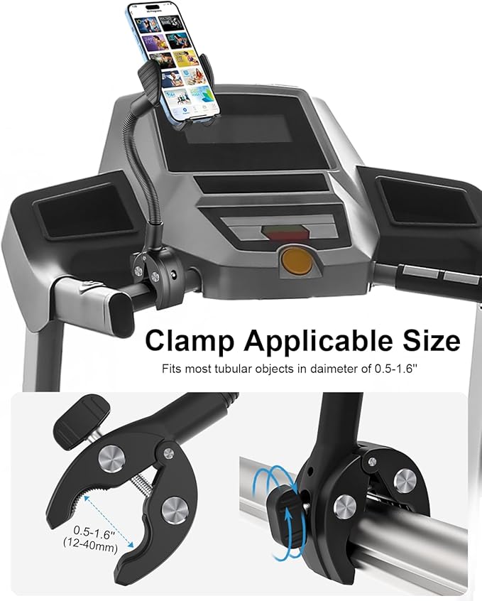 Gooseneck Phone Holder for Wheelchair, Stroller, Golf Cart, Boat, Mic Stand, Indoor Cycling Bike, Gym Bicycle Handlebar Clamp for iPhone Air 17 Pro Max 16 15 14 13 12 Plus, S25, 4.7 to 7" Smartphones