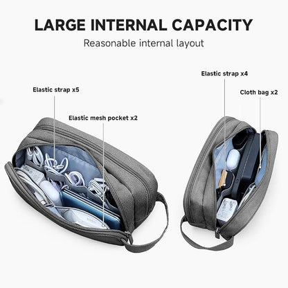 Teskyer Double Layer Cable Organizer Bag, Travel Tech Pouch, Dark Grey | Elastic Bands Organization, Water Resistant Fabric, Multiple Compartments, Padded Protection, Travel and Office Use